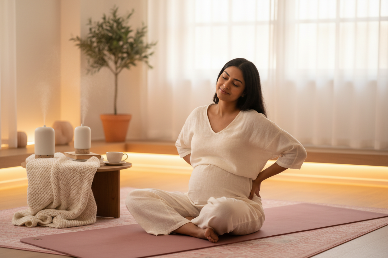Indian pregnant woman holding her lower back for relief - MaternEase