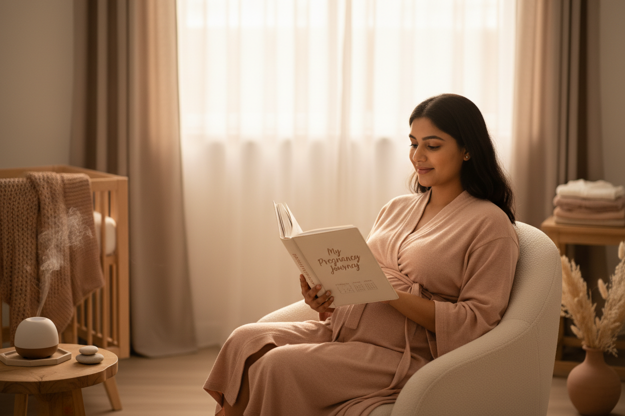 Pregnant woman tracking pregnancy milestones with a journal - MaternEase