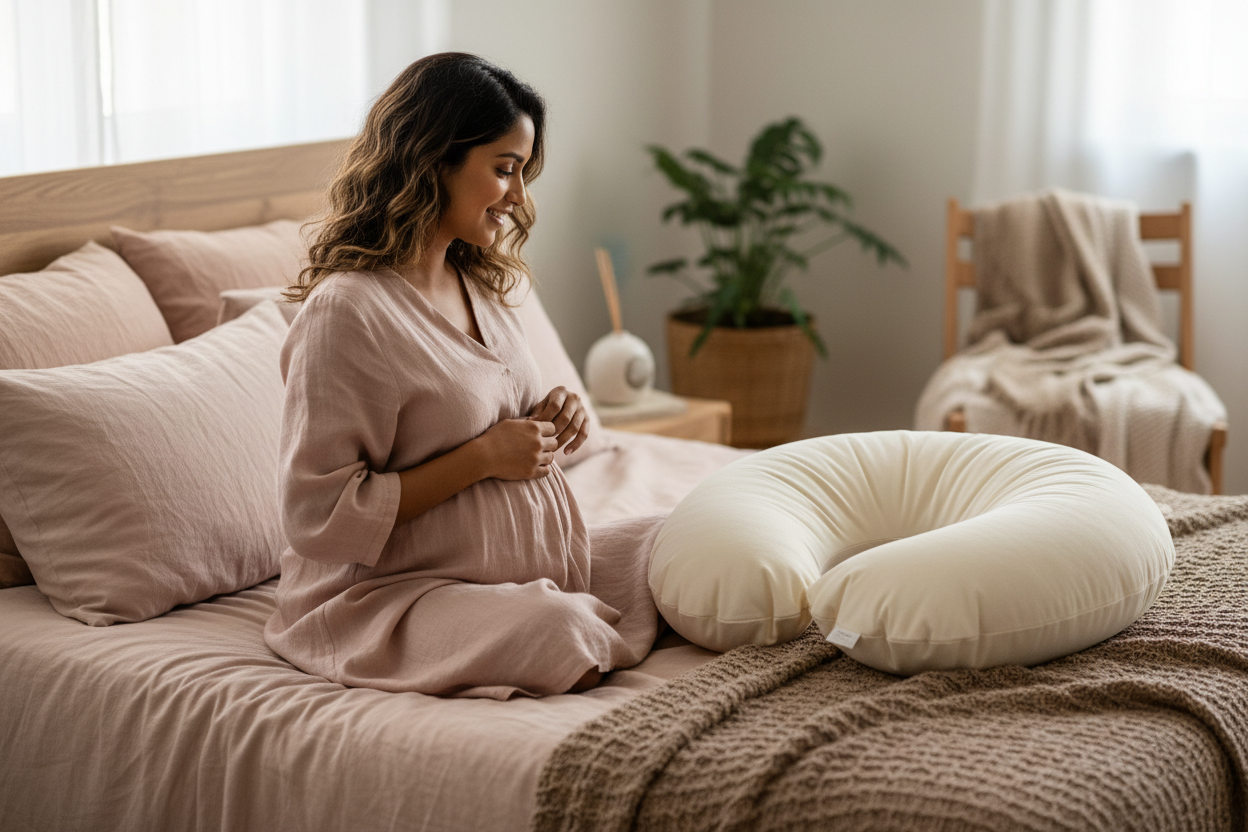 First trimester pregnant woman with pregnancy pillow - MaternEase guide