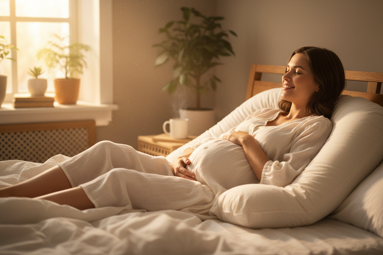 Happy Pregnant Woman with U-Shaped Pillow