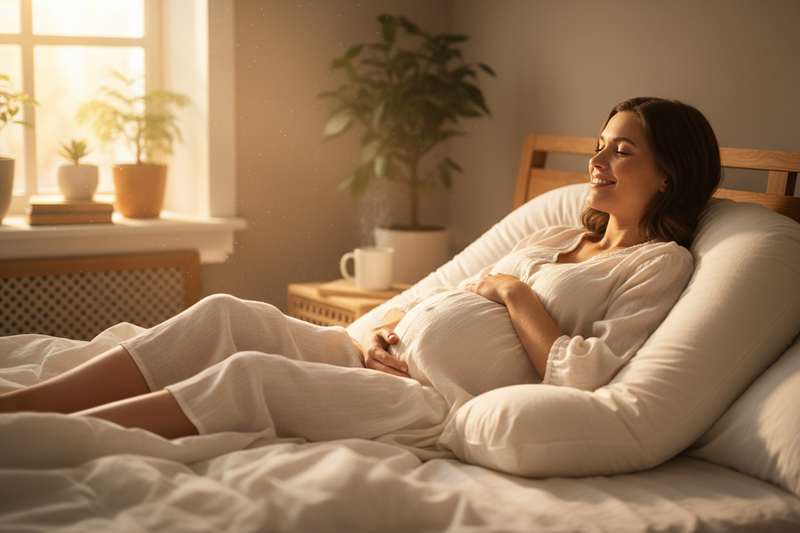 Happy Pregnant Woman with U-Shaped Pillow
