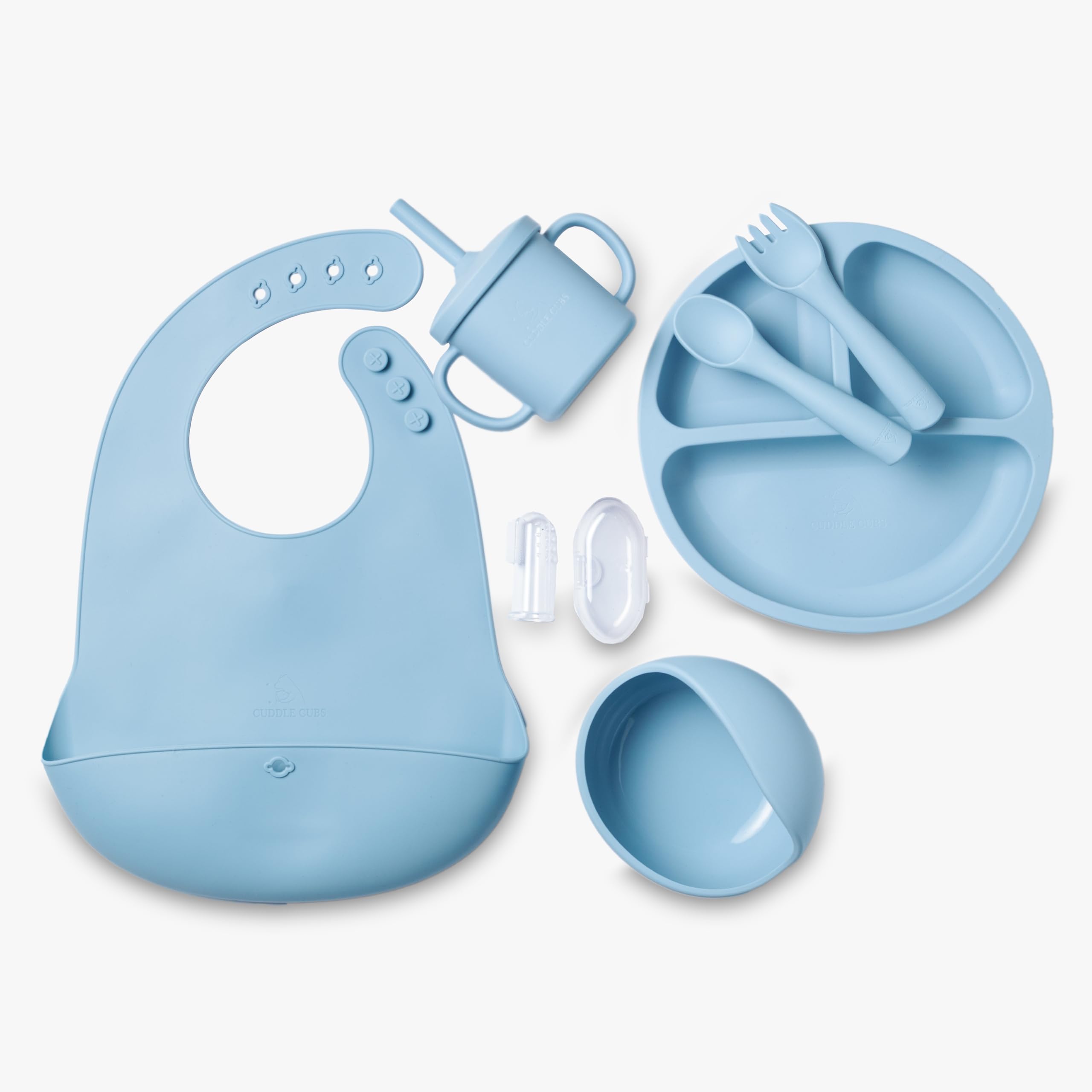 BPA Free Baby Feeding Sets Silicone 7Pcs, Baby Plates with Suction,Bowl,Divided Plate,Adjustable Bib,Soft Spoon&Fork and a Silicone Toothbrush for Babies and Toddlers