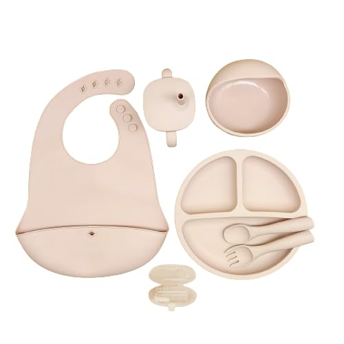 BPA Free Baby Feeding Sets Silicone 7Pcs, Baby Plates with Suction,Bowl,Divided Plate,Adjustable Bib,Soft Spoon&Fork and a Silicone Toothbrush for Babies and Toddlers