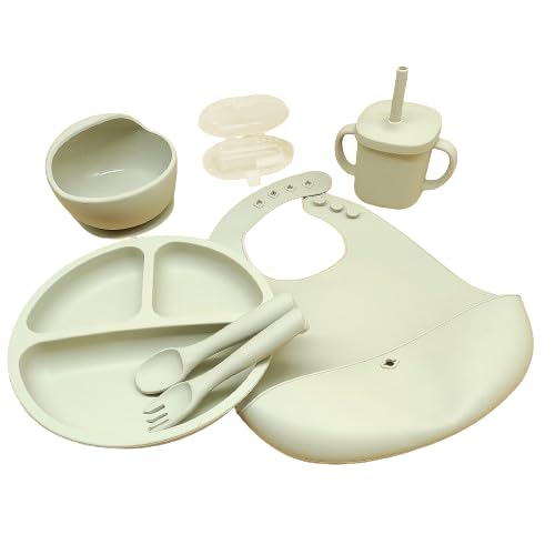BPA Free Baby Feeding Sets Silicone 7Pcs, Baby Plates with Suction,Bowl,Divided Plate,Adjustable Bib,Soft Spoon&Fork and a Silicone Toothbrush for Babies and Toddlers