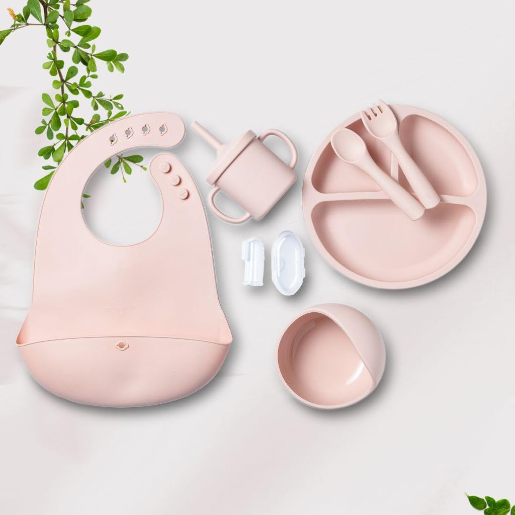 BPA Free Baby Feeding Sets Silicone 7Pcs, Baby Plates with Suction,Bowl,Divided Plate,Adjustable Bib,Soft Spoon&Fork and a Silicone Toothbrush for Babies and Toddlers