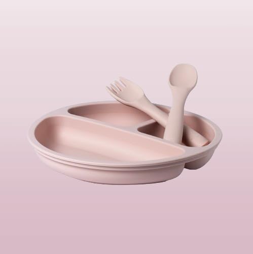 BPA Free Baby Feeding Sets Silicone 7Pcs, Baby Plates with Suction,Bowl,Divided Plate,Adjustable Bib,Soft Spoon&Fork and a Silicone Toothbrush for Babies and Toddlers